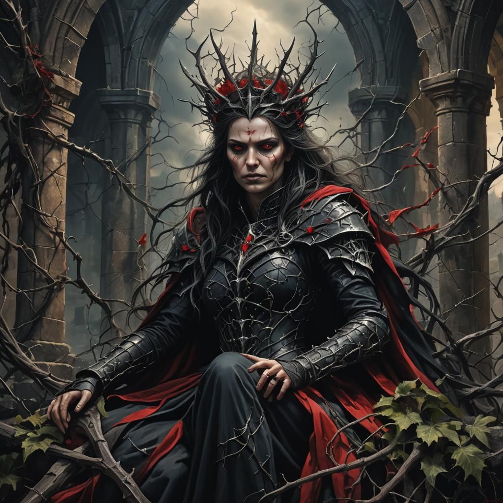 Thorn Queen on Stone Throne: Dark Fantasy Illustration