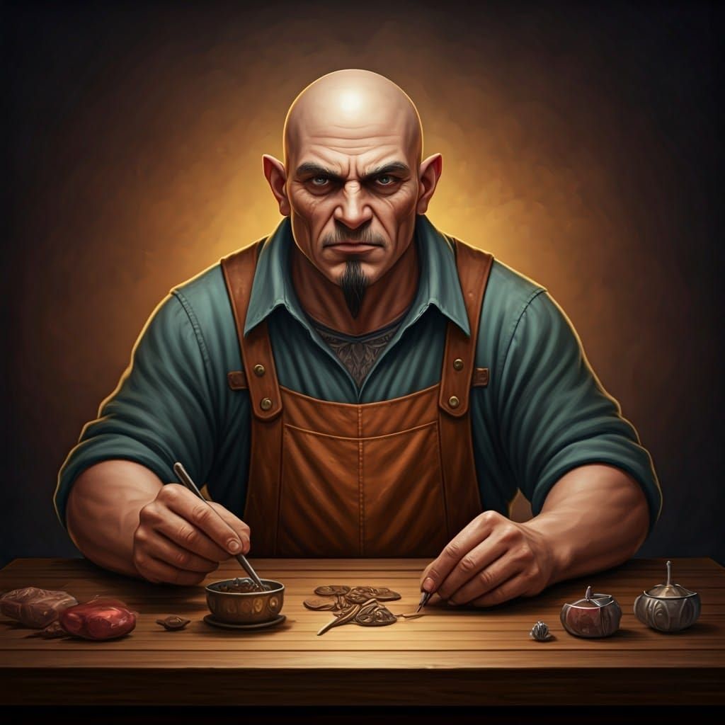 Fantasy Innkeeper in Apron, a Bald D&D Tavern Keeper