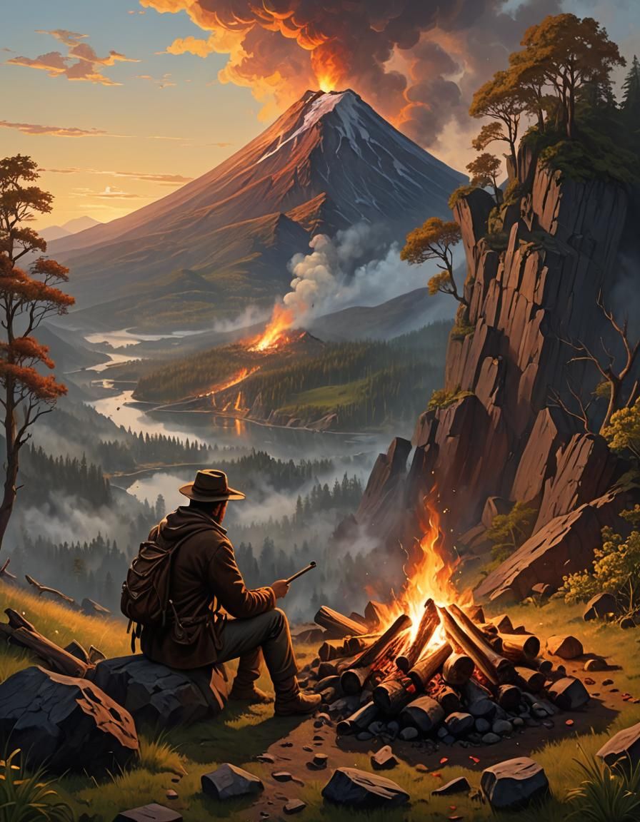 Campfire Below Volcano: Hyperrealistic Romantic Landscape
