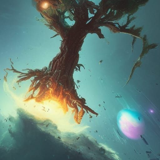 Uprooted Tree Floating in Space: Cosmic Concept Art
