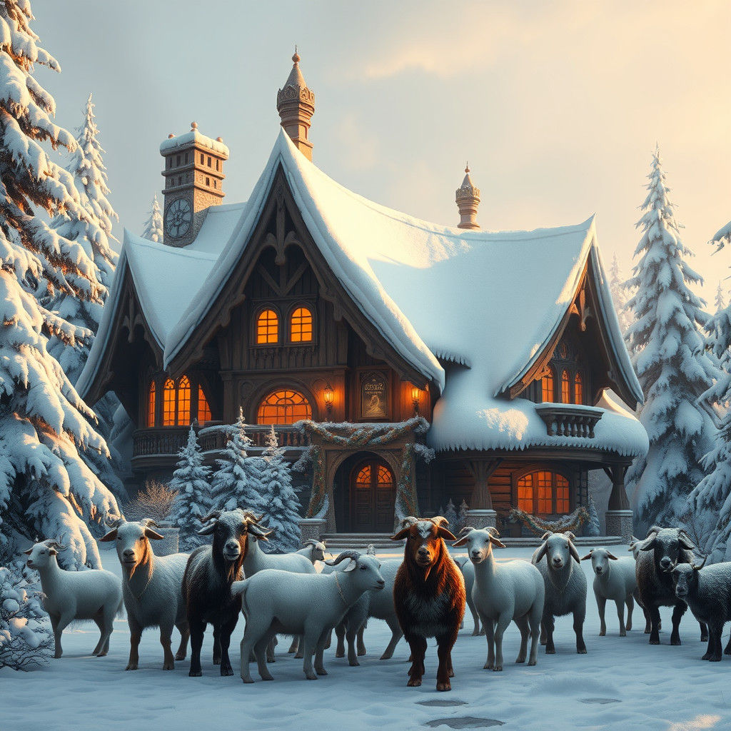 Majestic Snow House with Goats and Dogs
