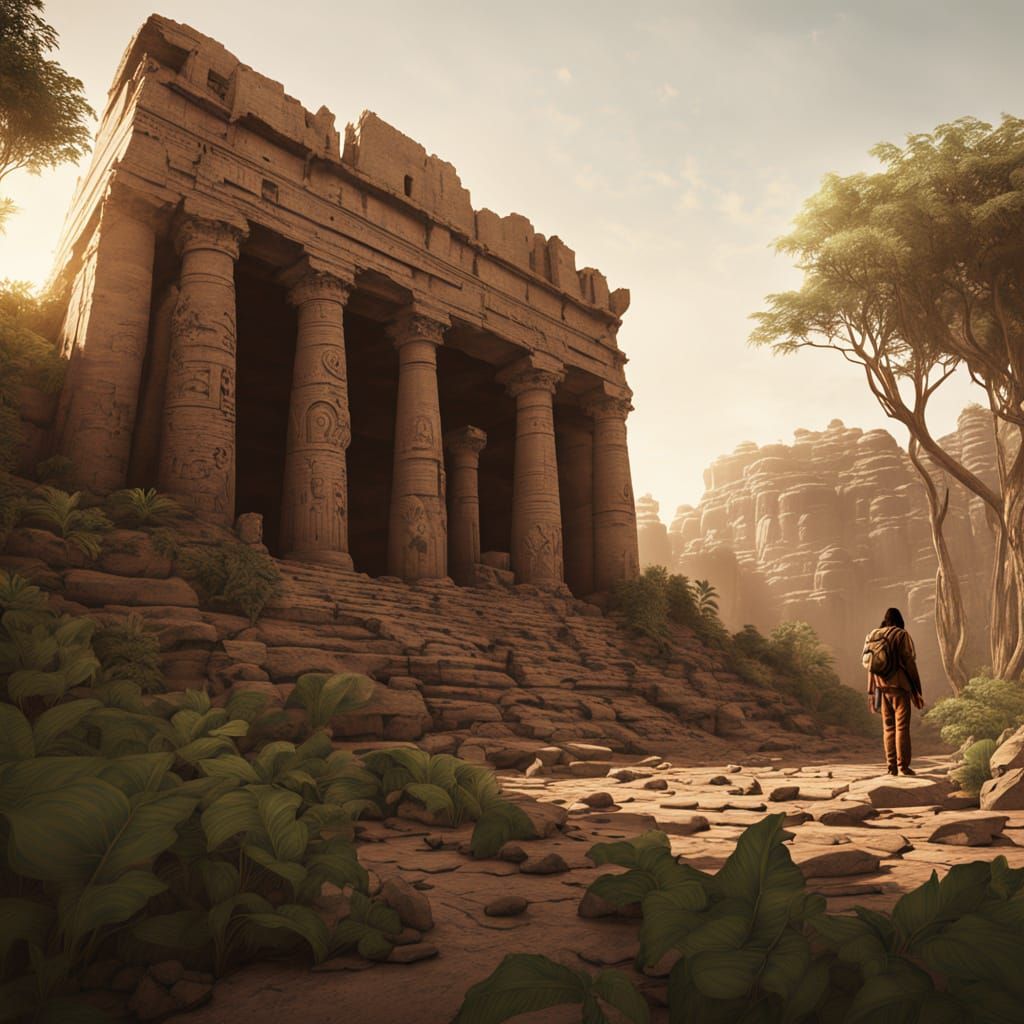 Native American Explorer at Ancient Overgrown Temple