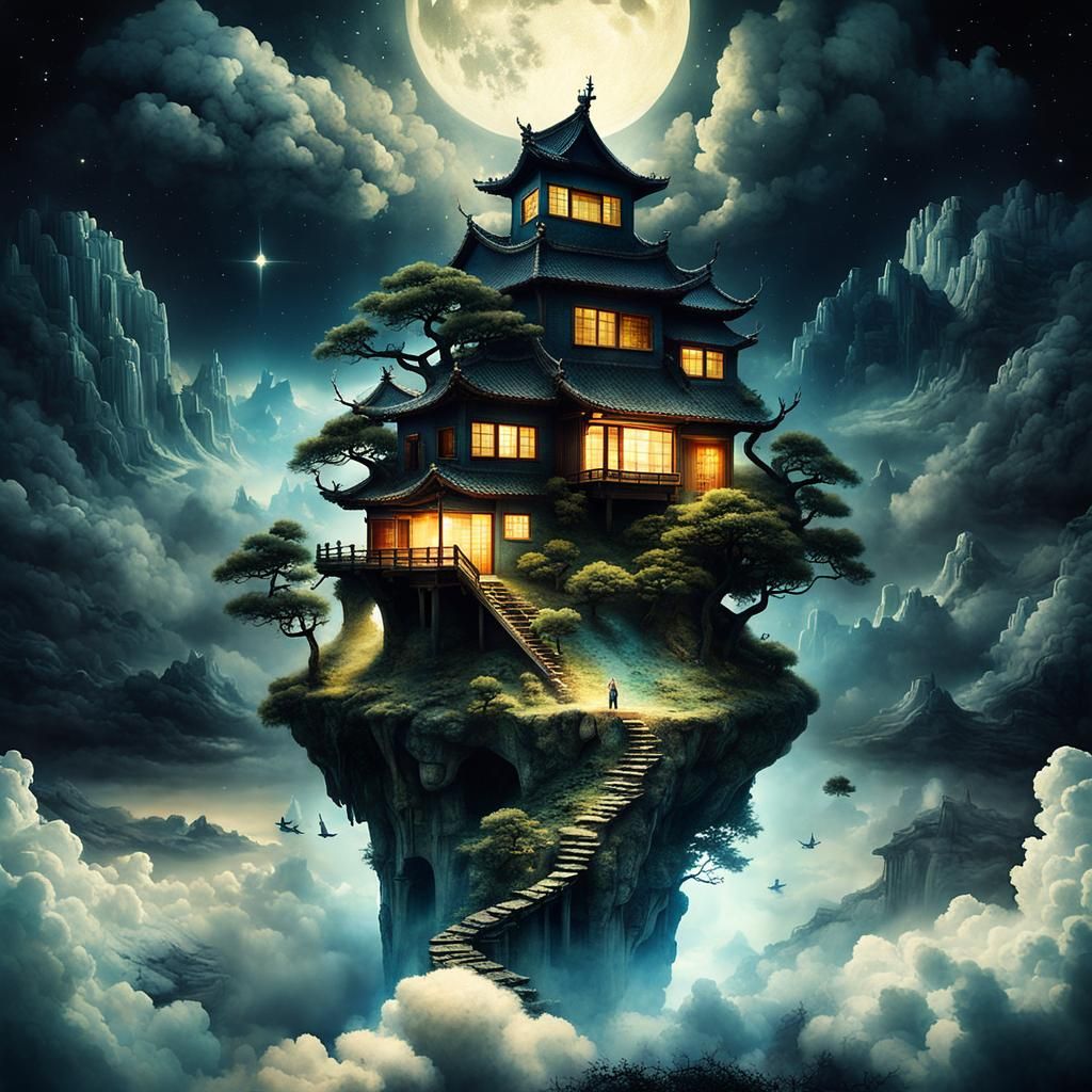 Surreal Bonsai Village in Clouds: Dreamlike Landscape