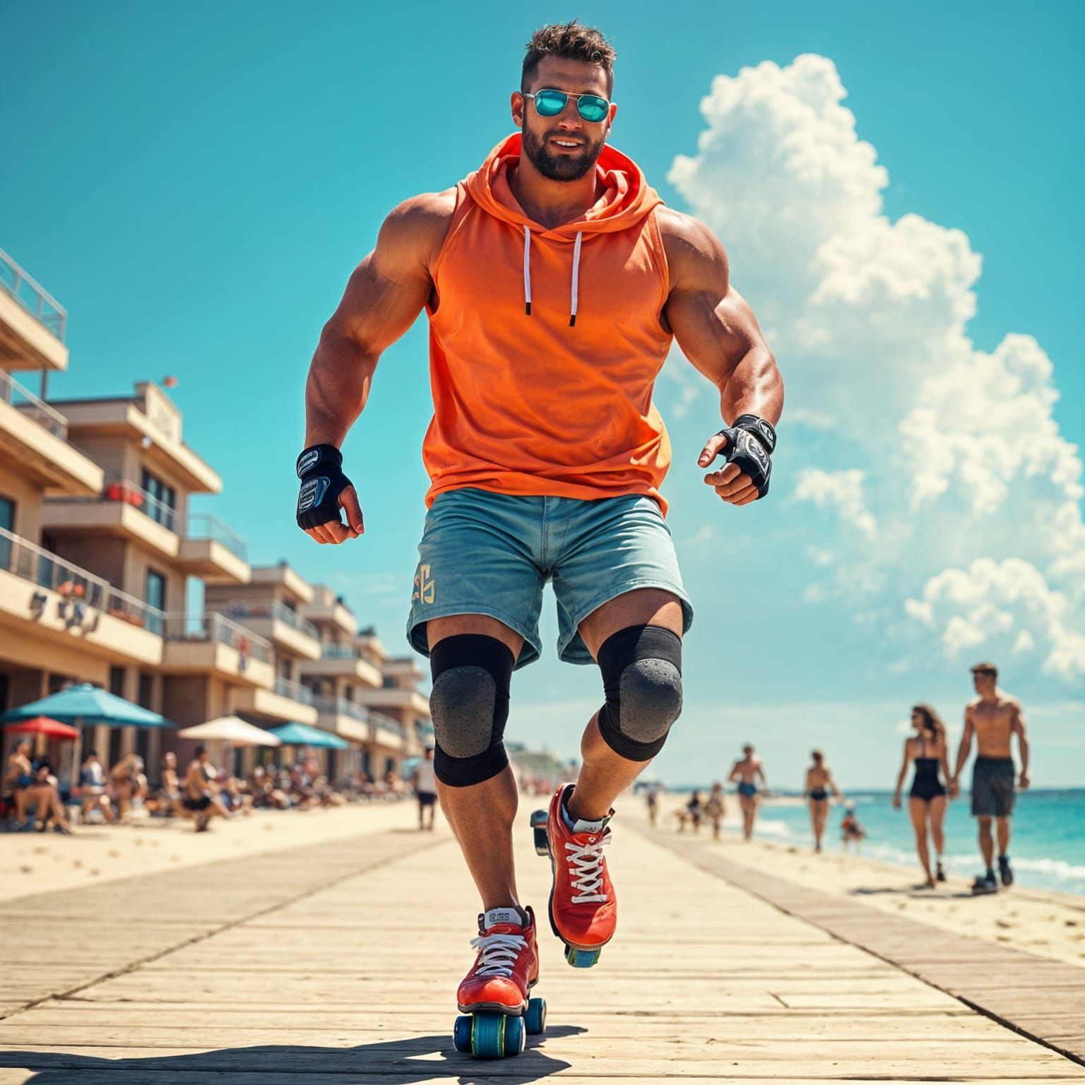 Young Bodybuilder Rollerblading on Boardwalk