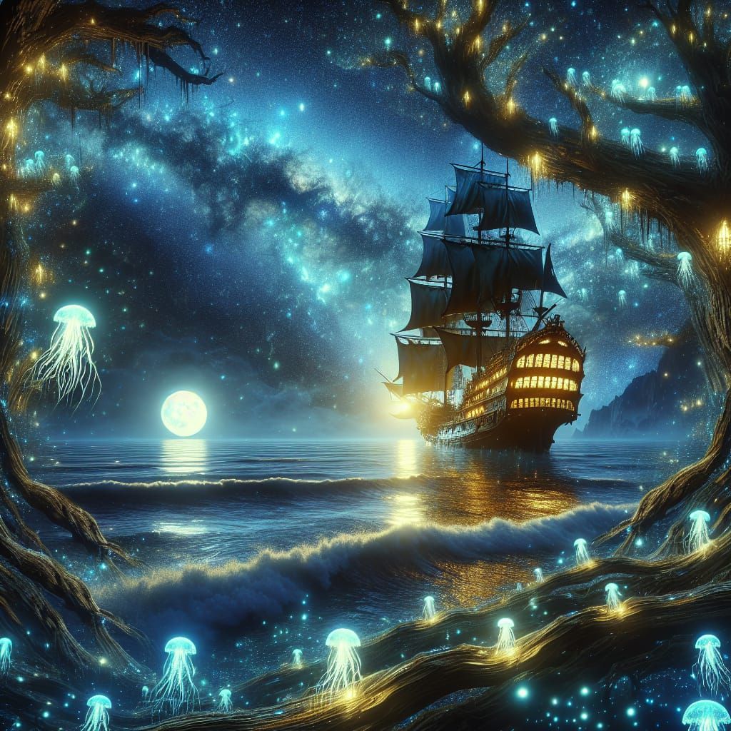 Pirate Ship Sailing on Bioluminescent Jellyfish Ocean