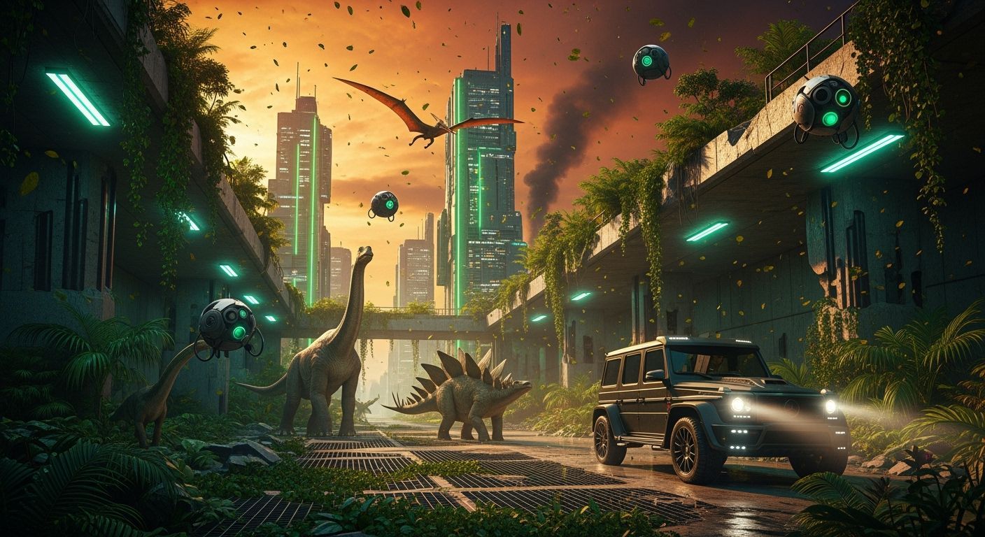 Futuristic Bunker Ruin with Dinosaurs and Neon Skyscrapers