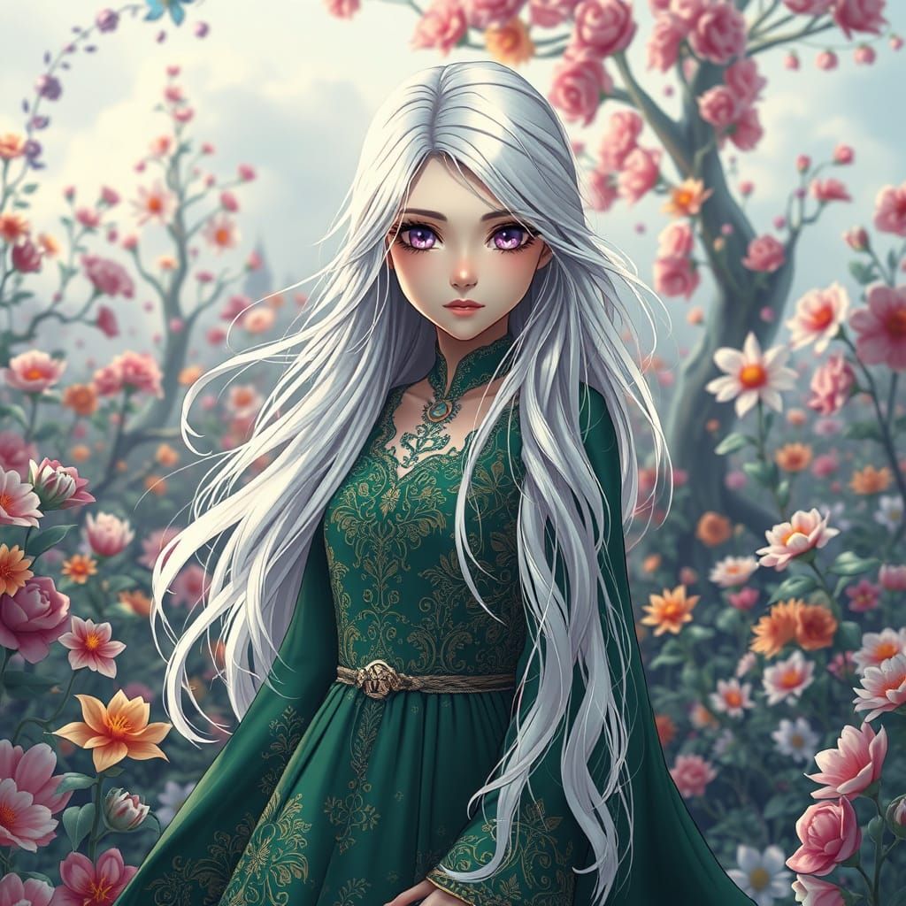 Royal Anime Princess Surrounded by Whimsical Floral Fantasy