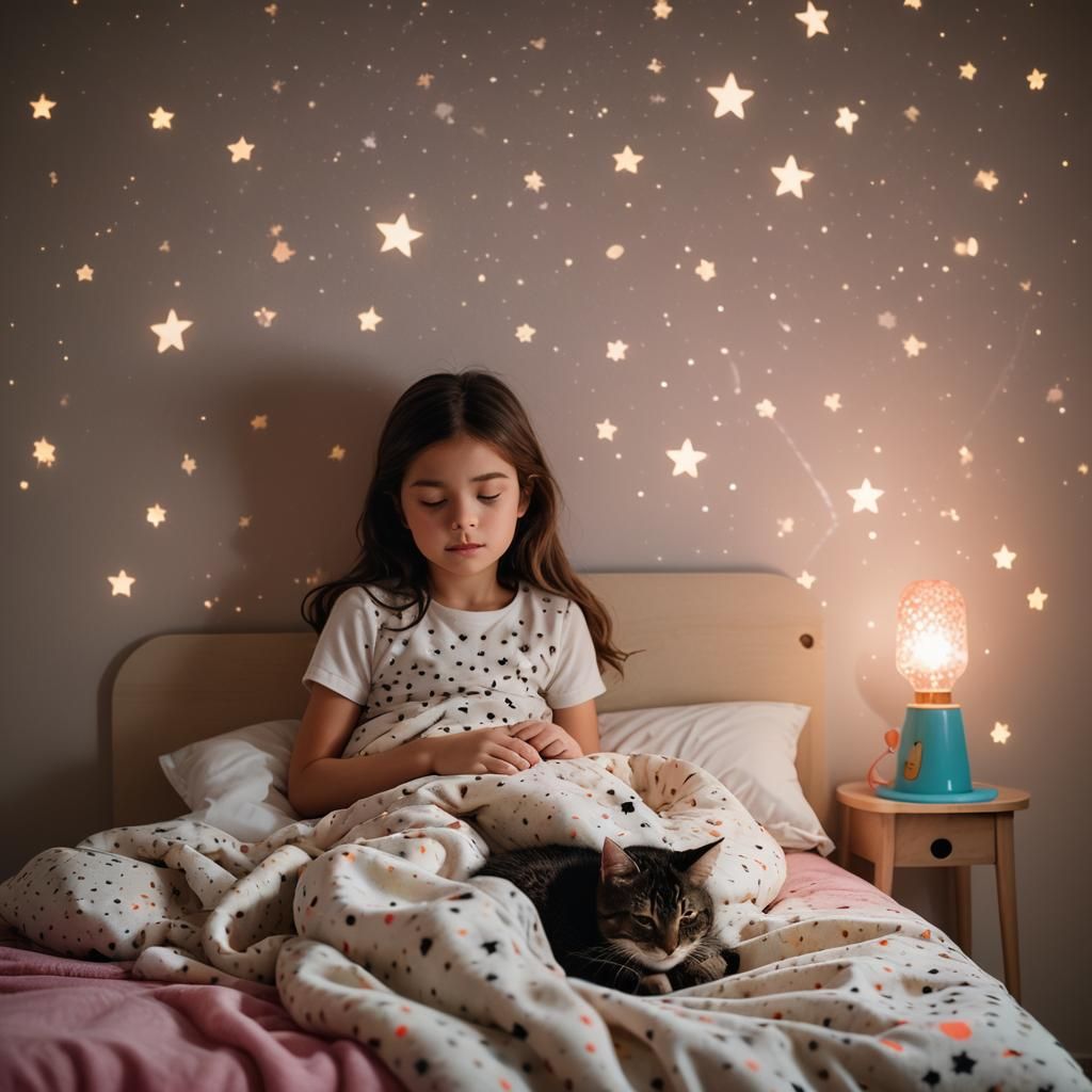 Little Girl Sleeping with Cat in Cozy Bedroom