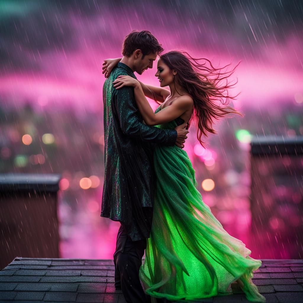 Couple Dancing in Rain with Molten Dress