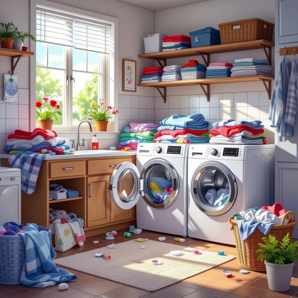 Digital Illustration of a Messy Laundry Room
