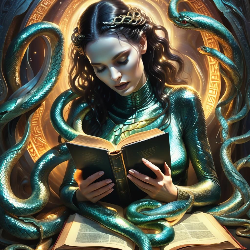 Woman and Serpent Emerging from Bible in Digital Art