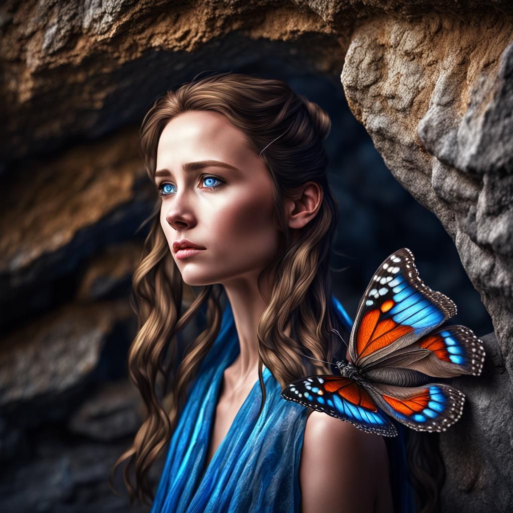 Woman with Butterfly Wings Weeping by Cave