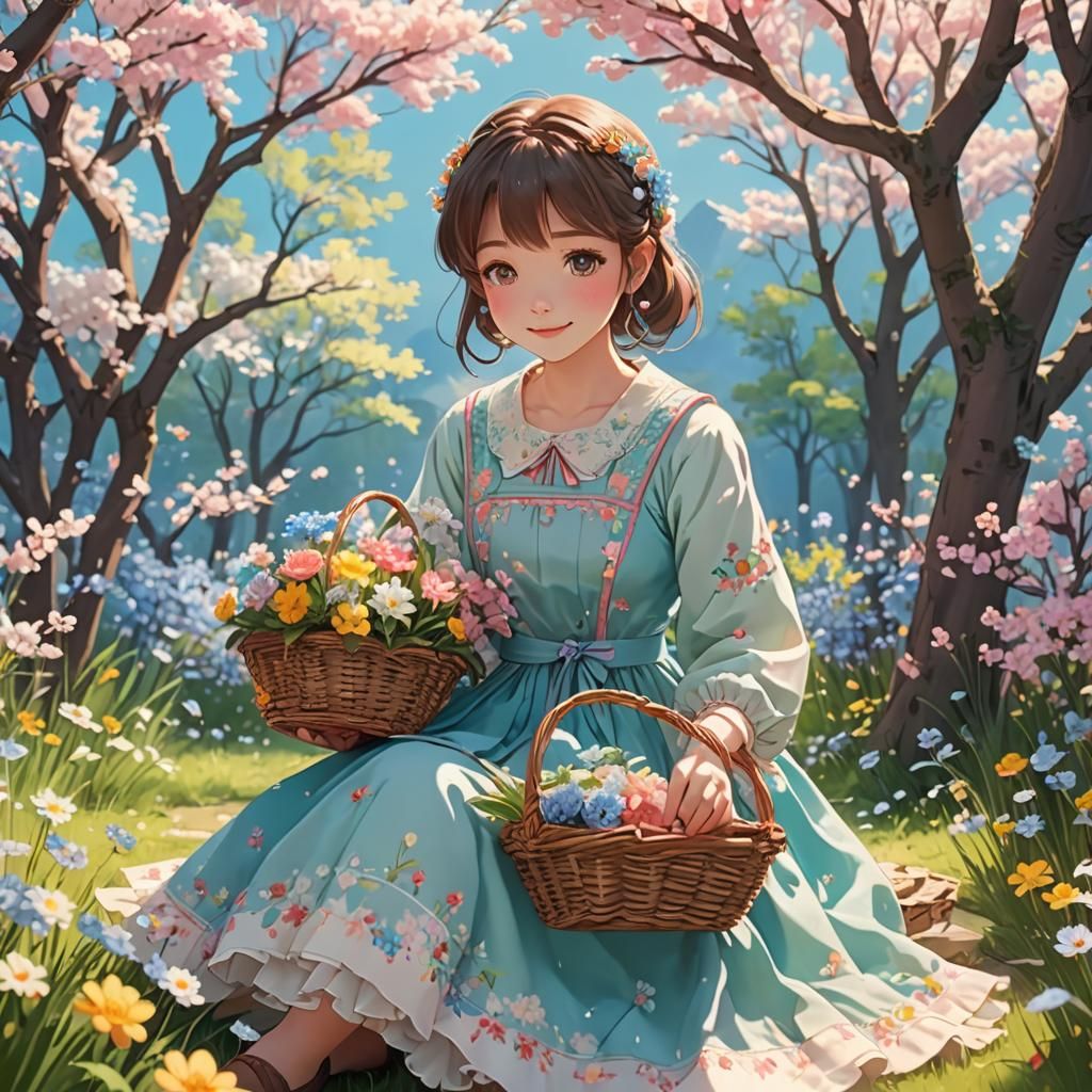 Childish anime girl smiling, four years old, sitting, her dr...