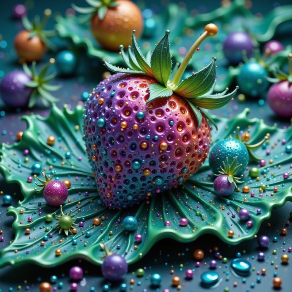 Glistening Strawberry on Leaf in Whimsical Style