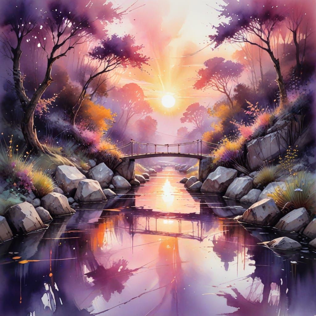 Elegant Suspension Bridge at Sunset in Soft Watercolour