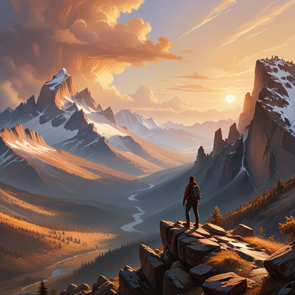 Hiker on Ridge Overlooking Vast Mountain Landscape