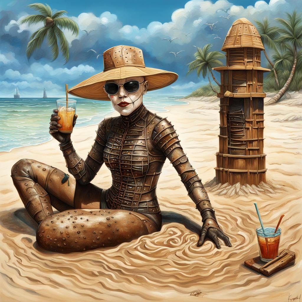 Female Pinhead on Bahamas Beach in Hyperrealistic Style