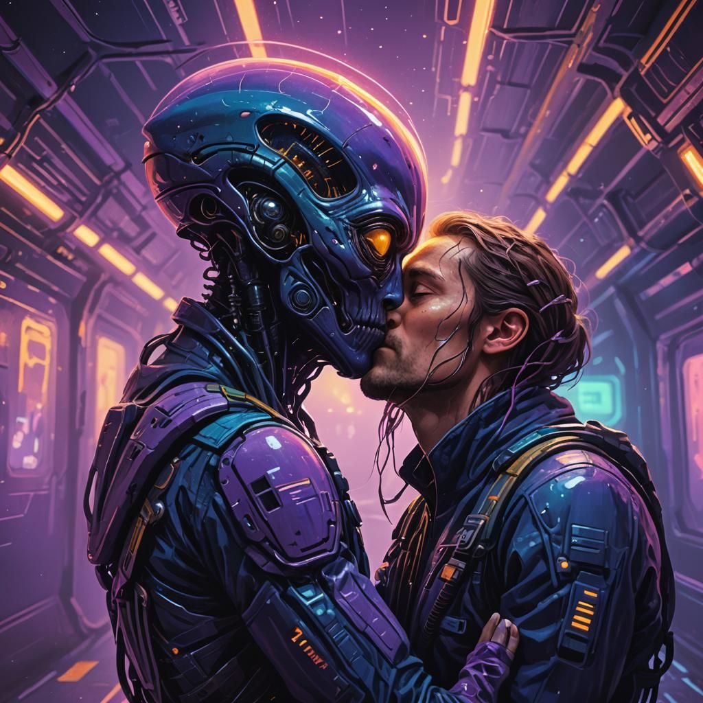 Alien and Human Kissing in Dimly Lit Spaceship