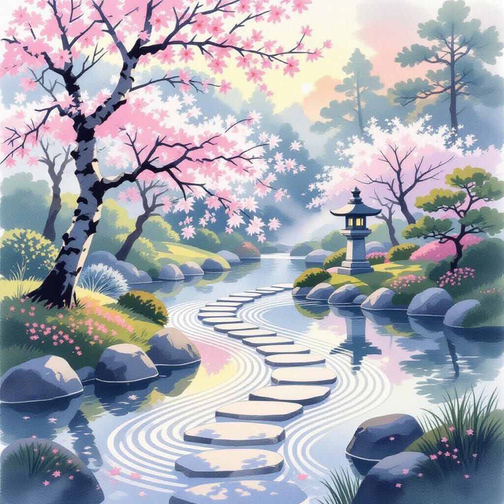 Serene Japanese Garden at Dawn Watercolor