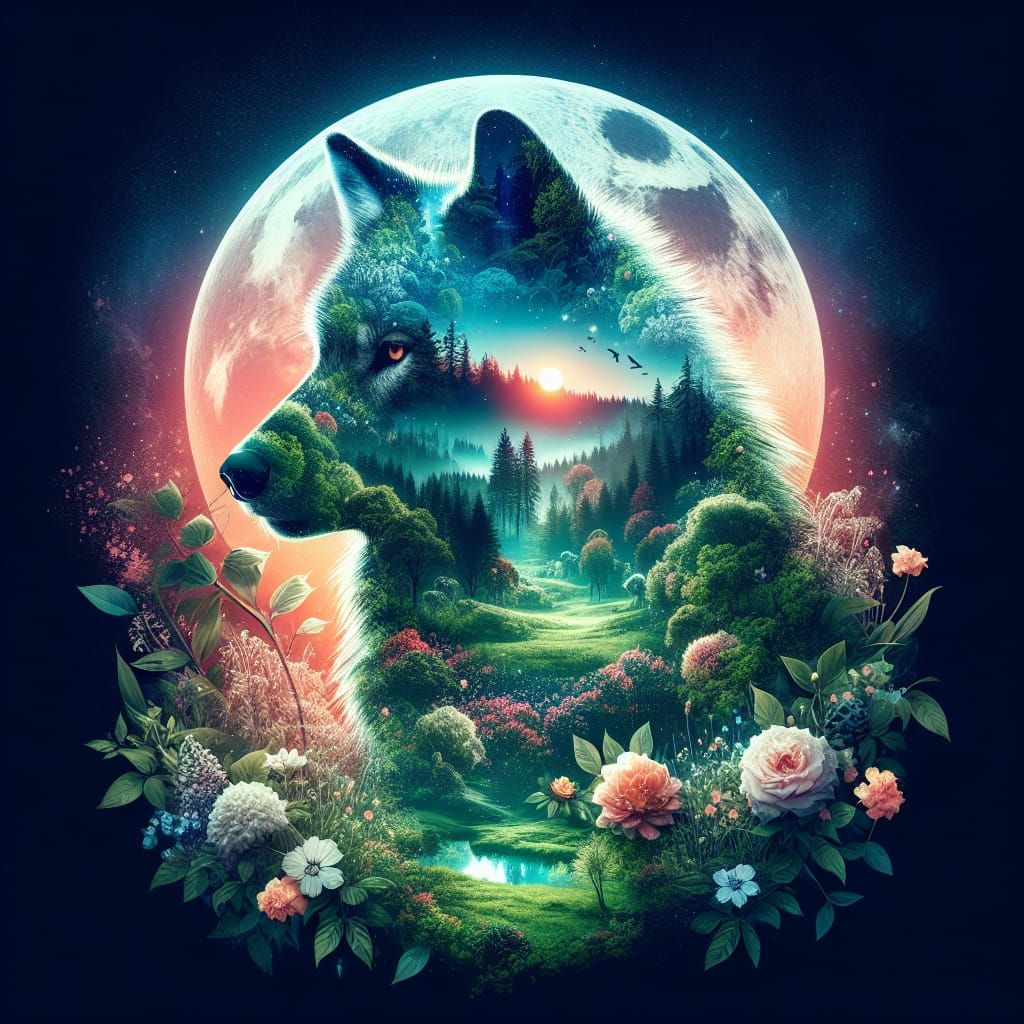 Wolf Double Exposure Art with Neon Sunset