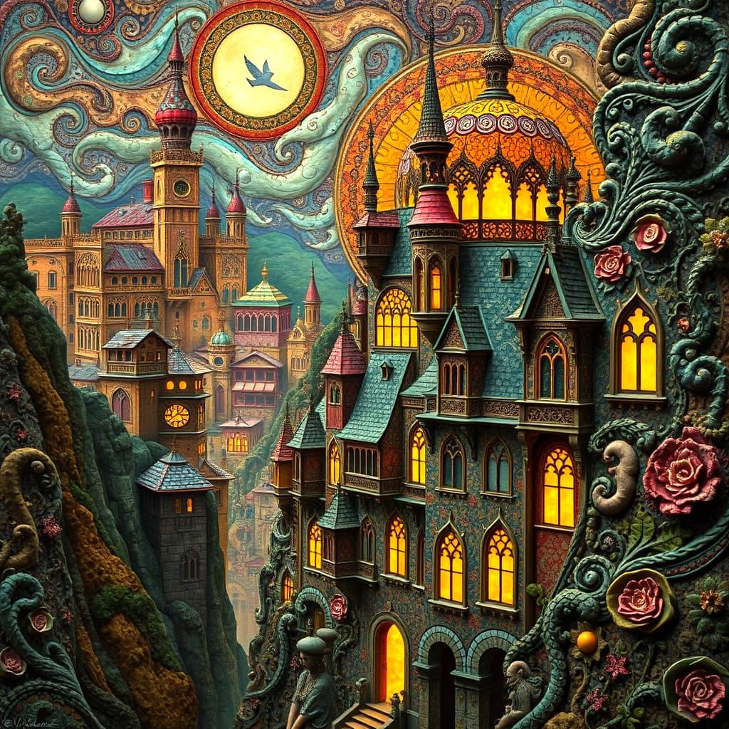 Intricate Embroidered Cityscape in Art Nouveau Style