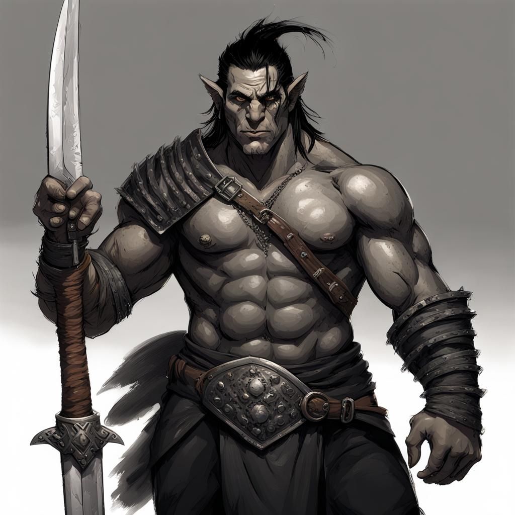 Detailed Half-Orc Warrior in Dark Fantasy Style
