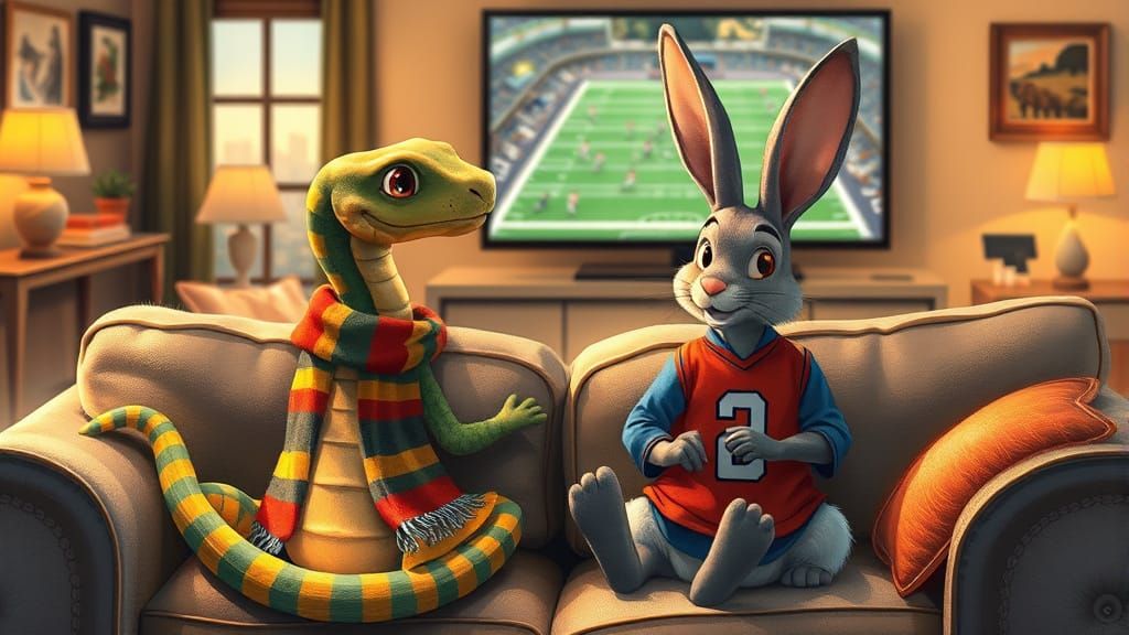 Whimsical Snake and Rabbit Watch Football