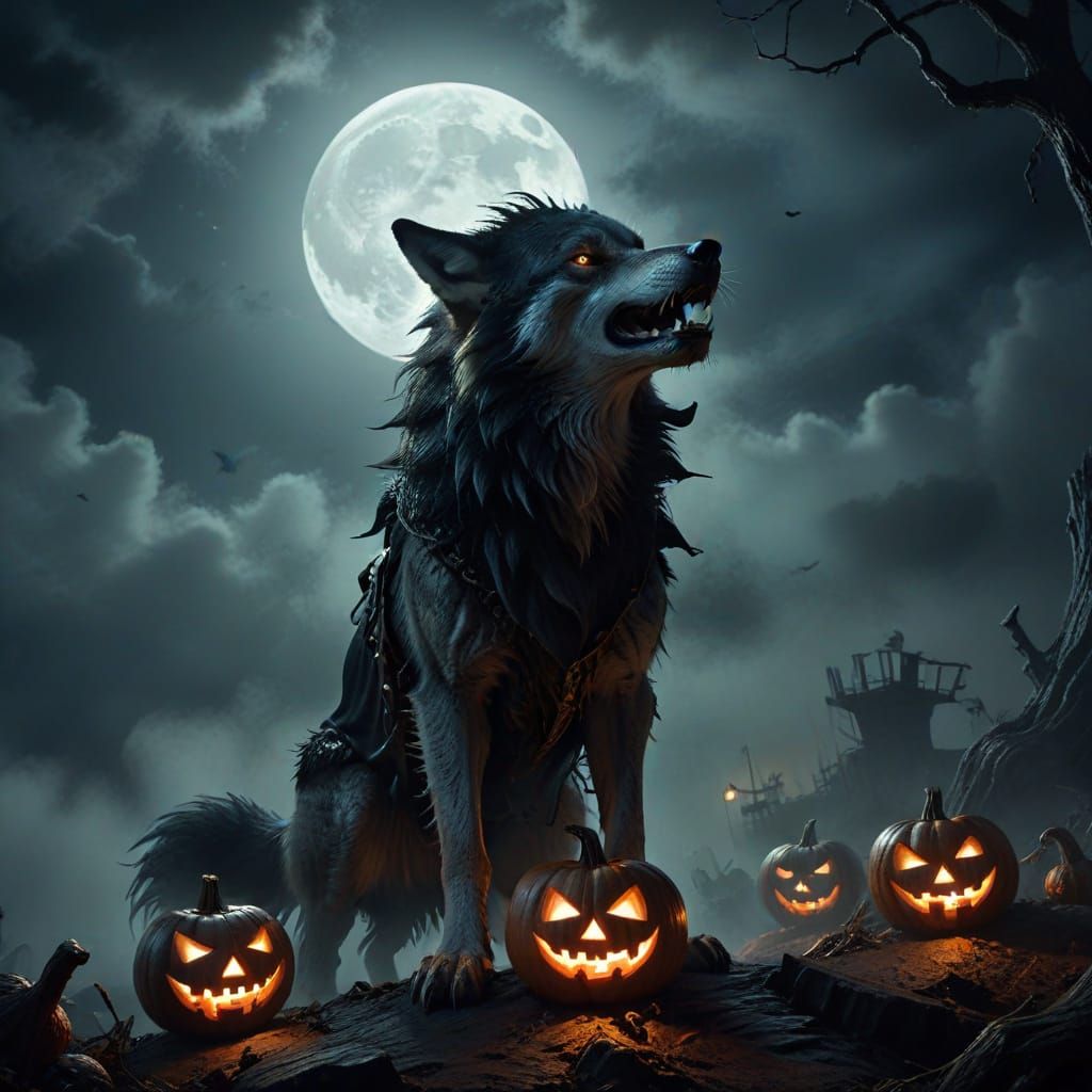 Gothic Pirate Wolf Howling Under Halloween Full Moon