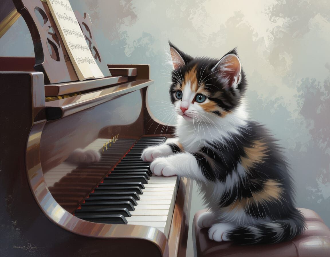 Calico cat playing piano