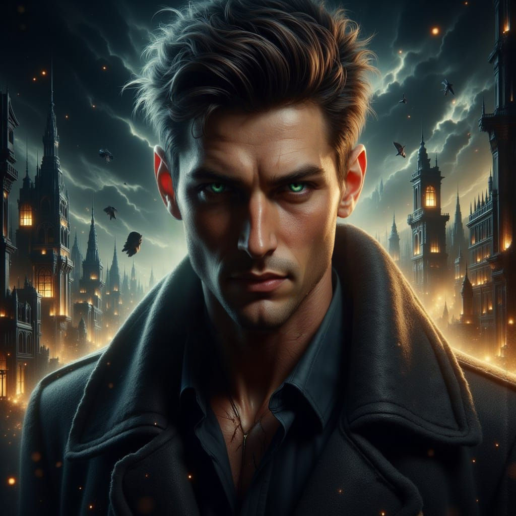 Handsome Detective with Hazel Eyes in Stormy Scene