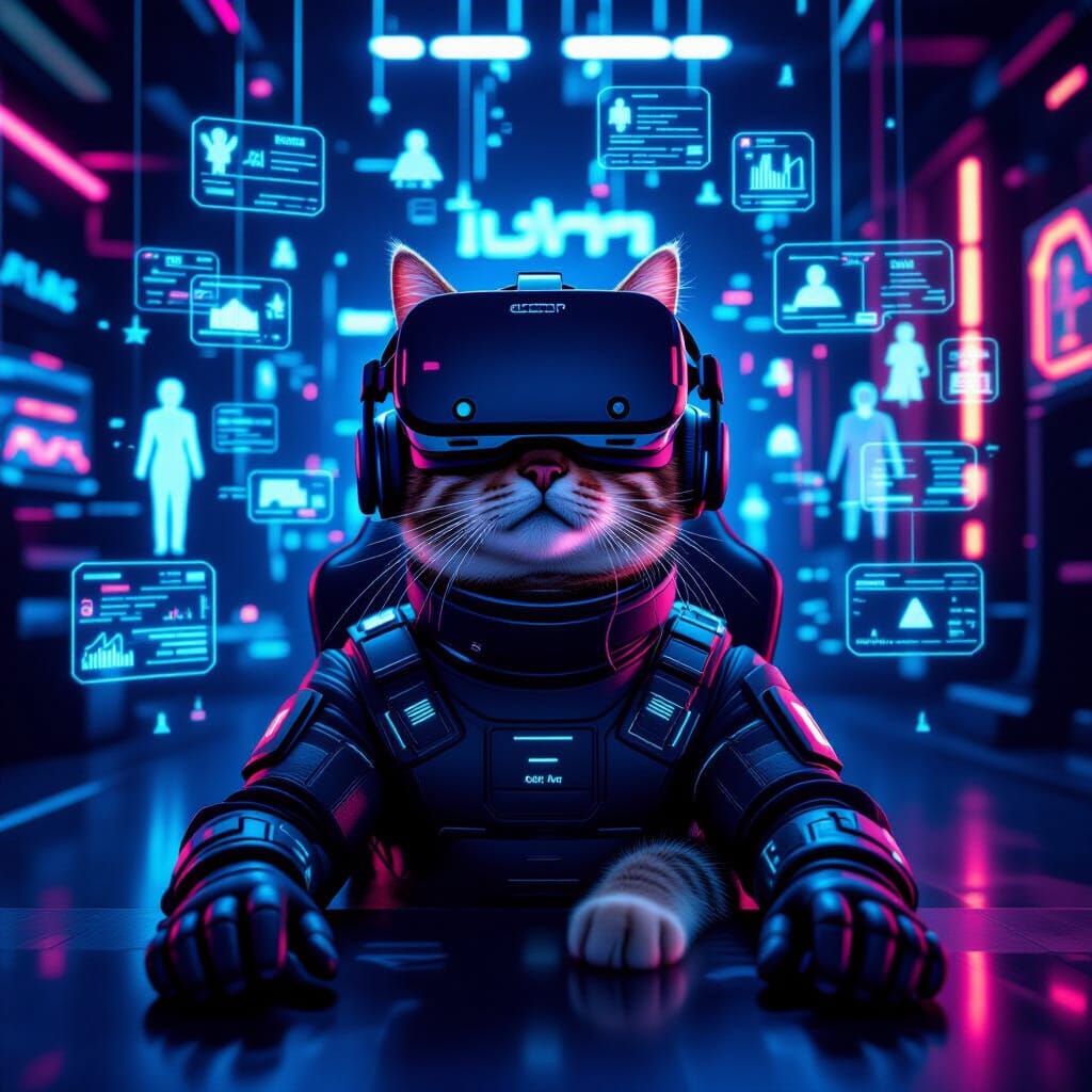 Cat Immersed in Virtual Reality Cyberpunk Game