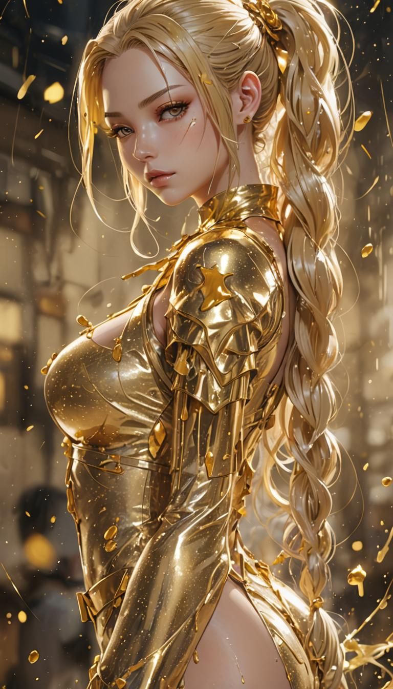 Anime Woman with Golden Splashes in 3D Style