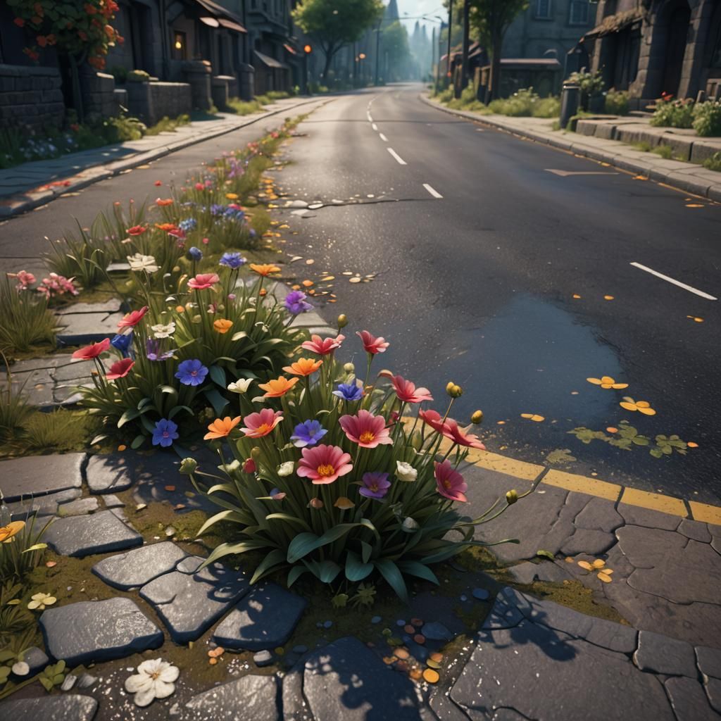 Detailed Matte Painting of Flower on Road