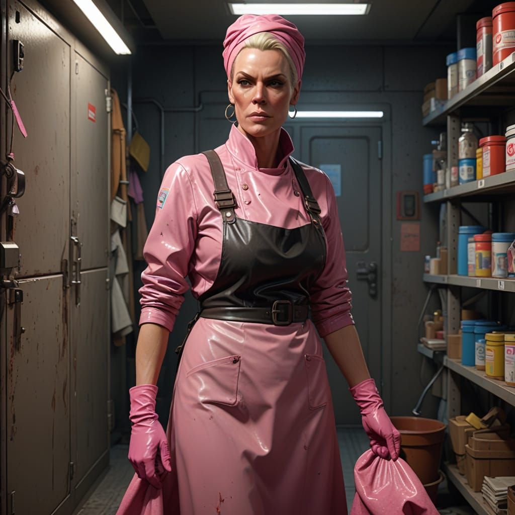 Tired Charwoman Brigitte Nielsen in a Faded Cleaning Attire