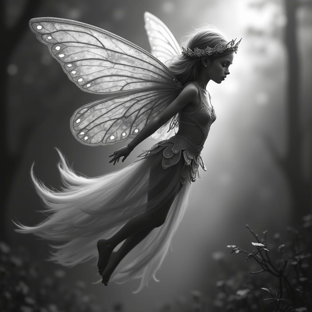 Whimsical Fairy Soars in High-Contrast Black and White
