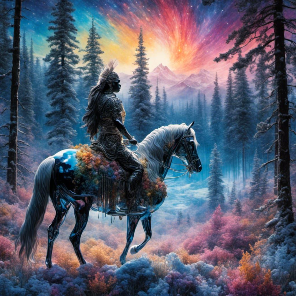 Native American Silhouette with Aurora Borealis