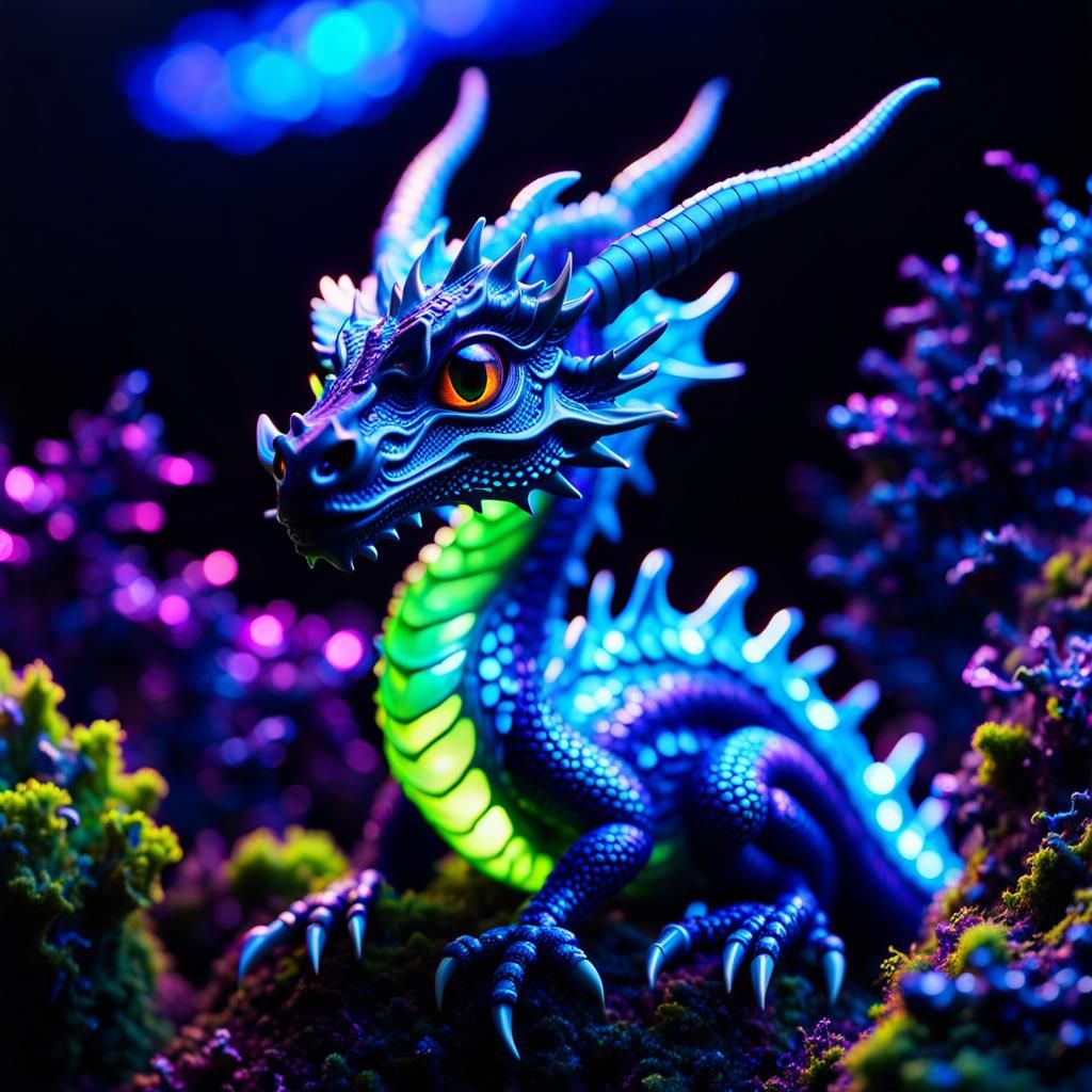 Fluorescent Dragon Portrait with Shining Cobalt Fur