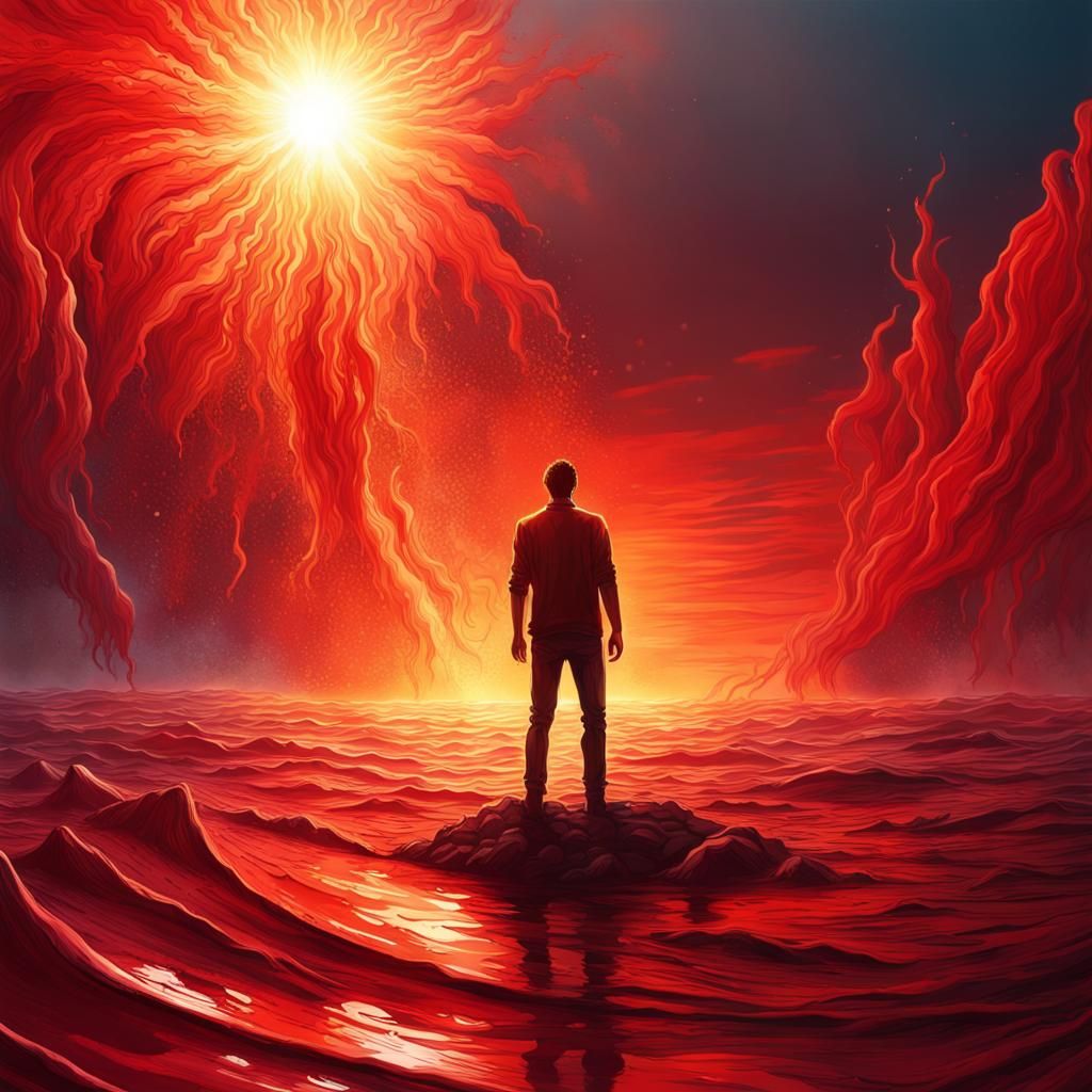 Hyperrealistic Man on the Edge of Blood Ocean