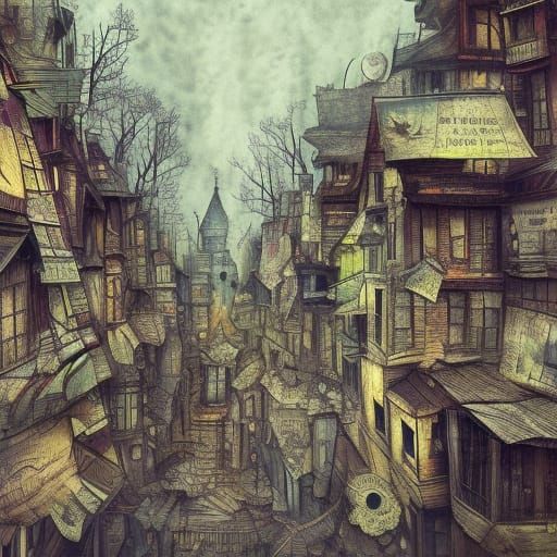 Artistic Village Collage in Mixed Media Style