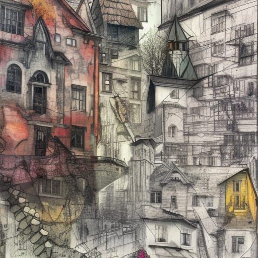 Village Collage in Modern Hobo Art Style