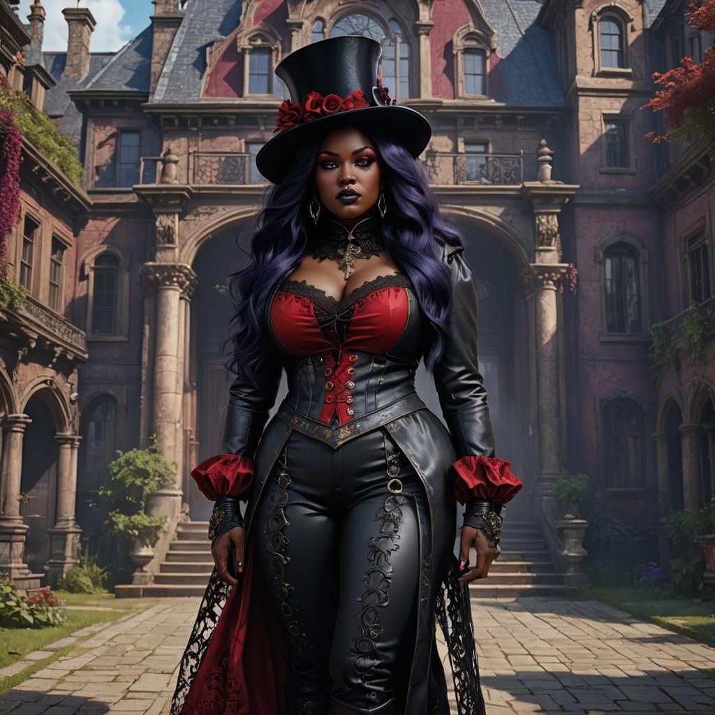Gothic Black Woman in Leather and Lace at Mansion