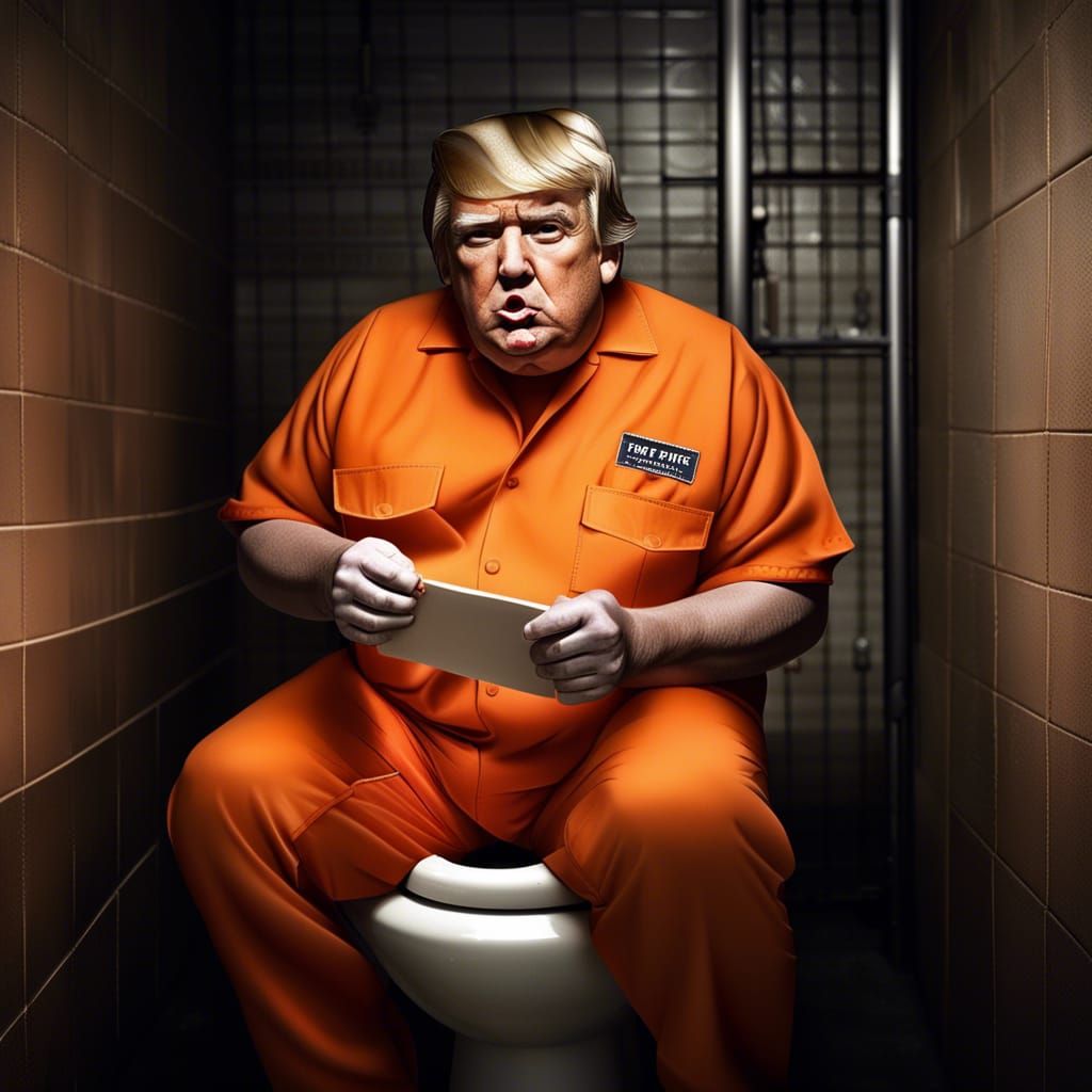 Sad Donald Trump Licking Toilet: Hyperrealistic Prison Image