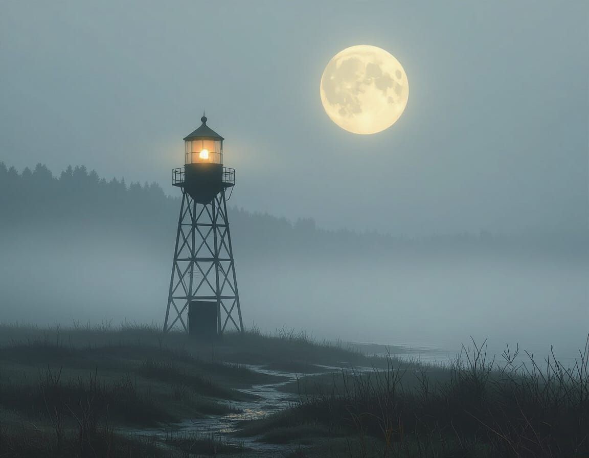 Lantern in Fog with Moon, Surreal Digital Art