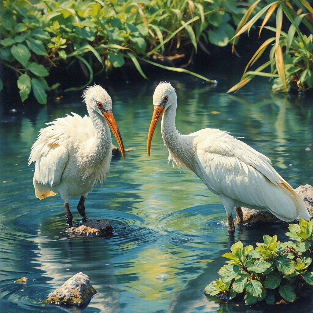 Ibis in River: Watercolor and Ink Masterpiece