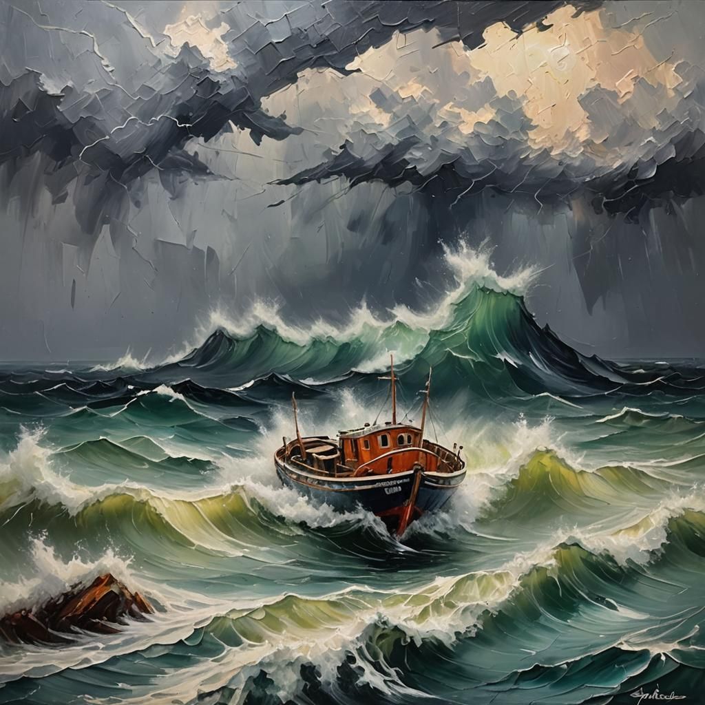 Small Boat in a Stormy Impasto Painting