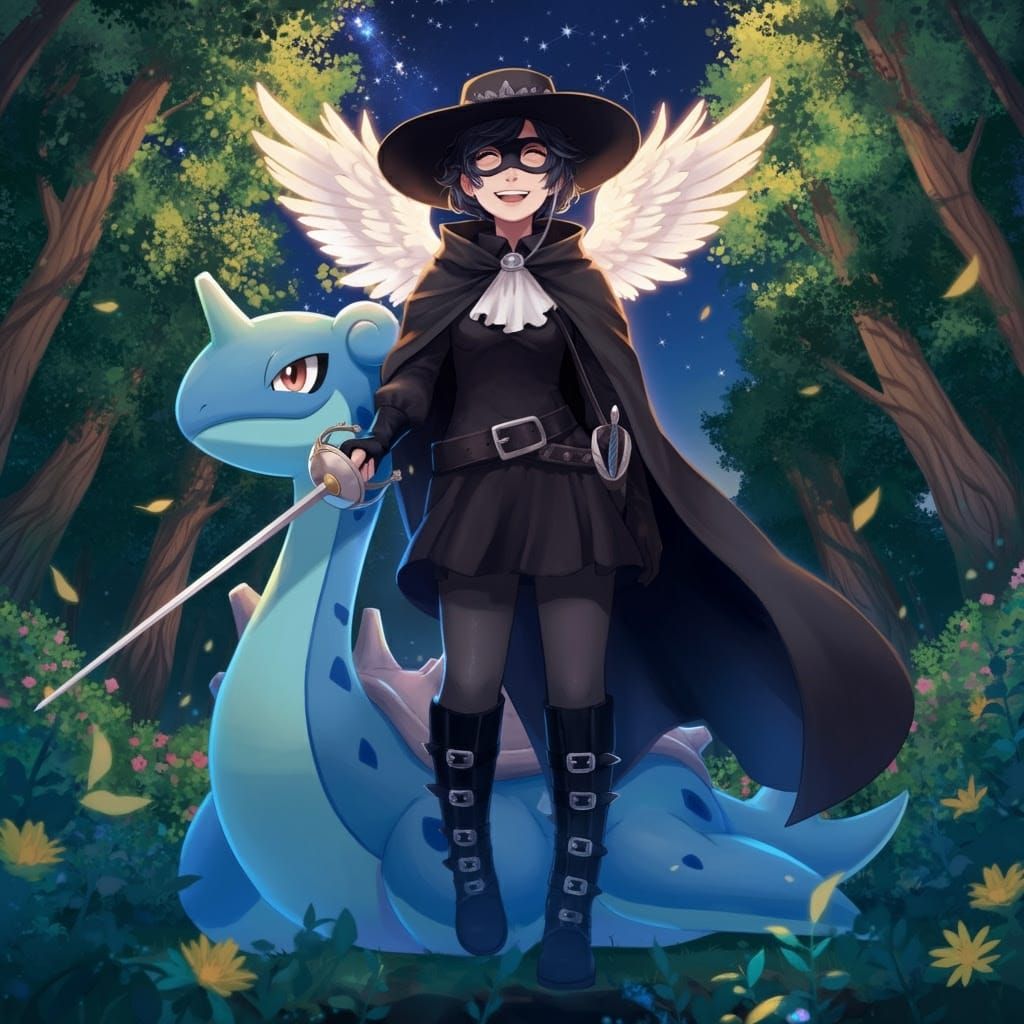 Kristina cosplaying as Lady Zorro with Lapras (error)