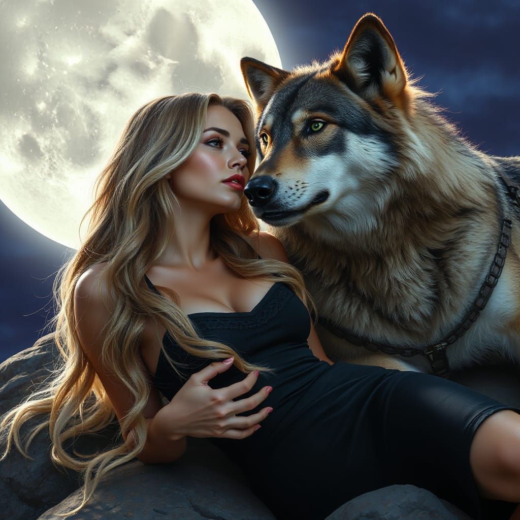 Woman and Wolf Howling at Moon in Hyperrealism
