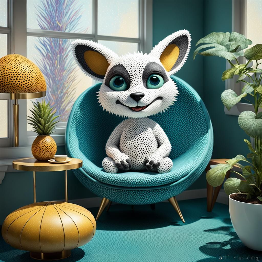 Pointillist 3D Creatures in Retrofuturistic Setting