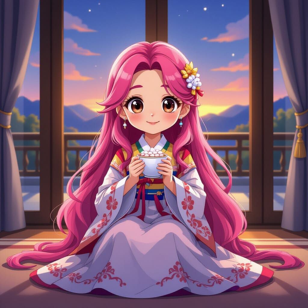 Pink-Haired Girl President in Hanbok, Disney-Inspired