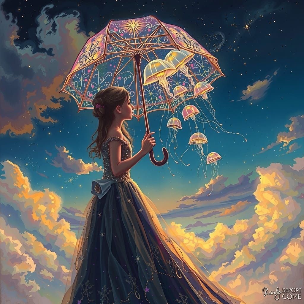 Dreamlike Impressionist Scene with Glowing Jellyfish Umbrell...